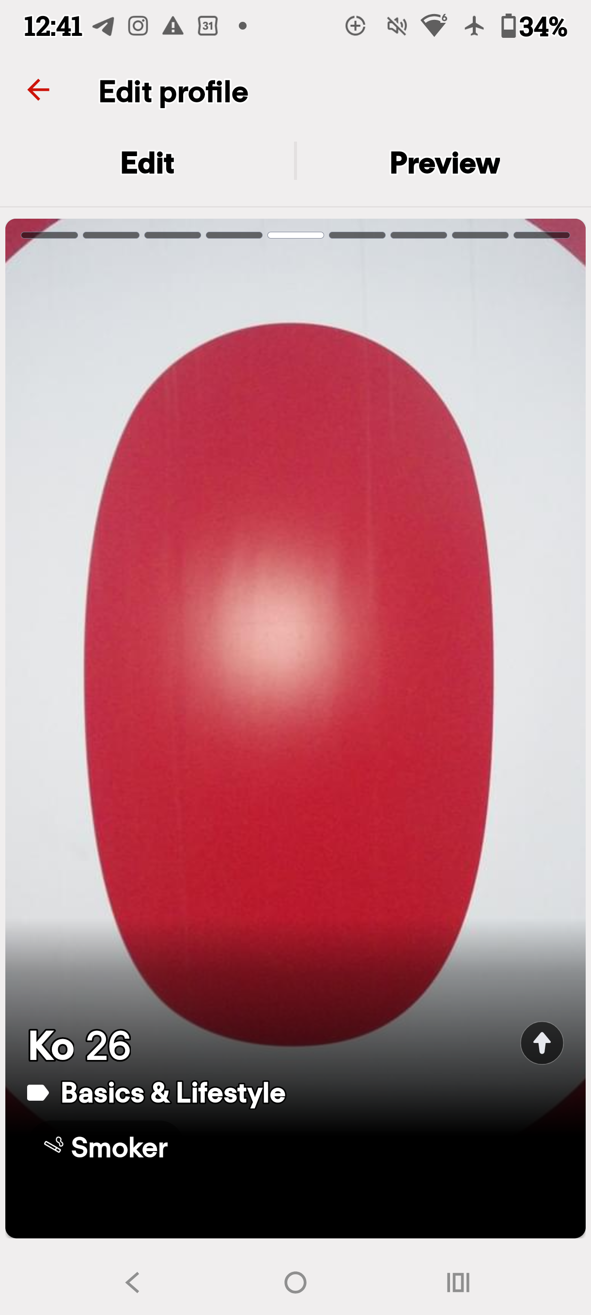 Dating profile preview displaying a red oval form