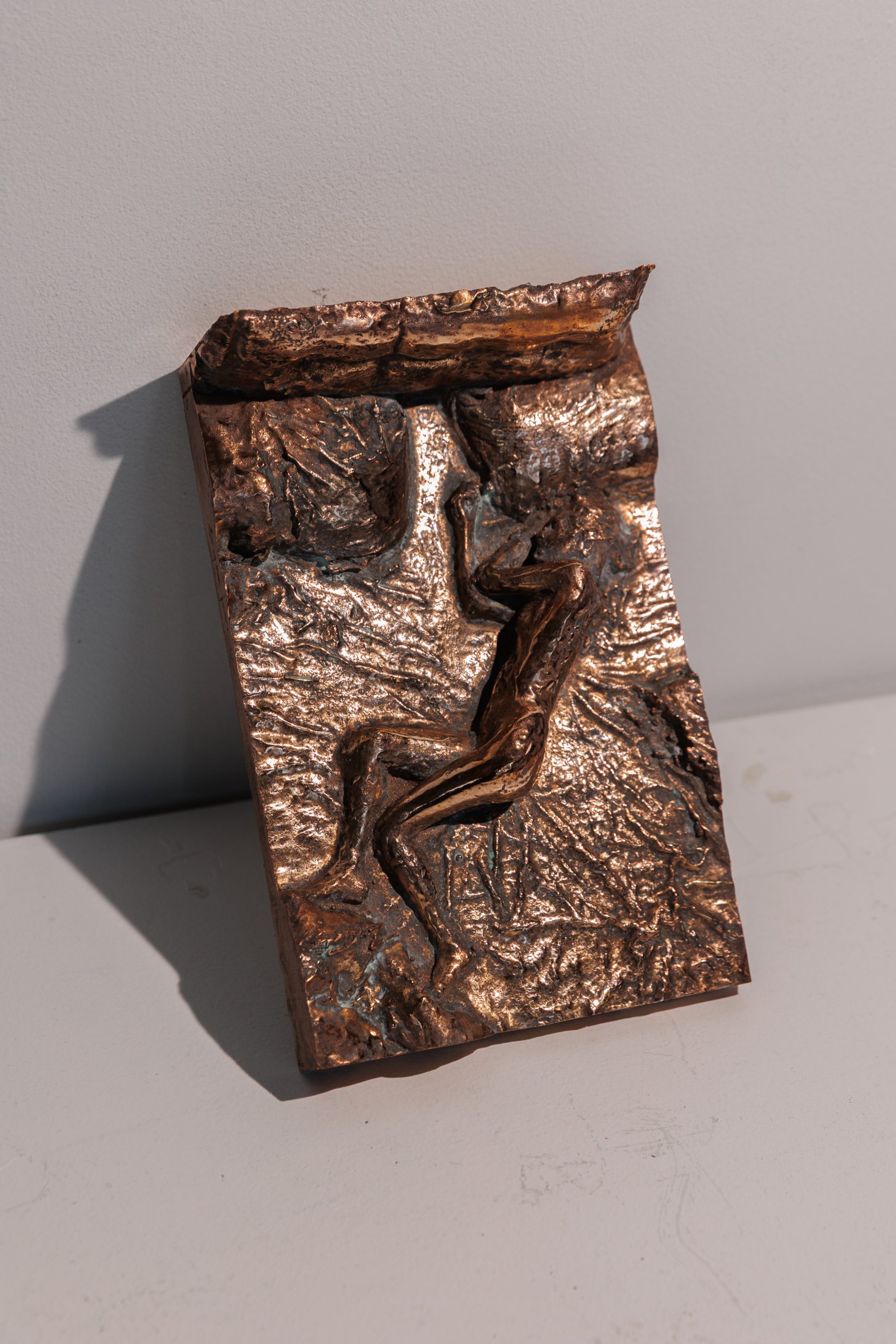 The bronze relief seen at an angle in raking sunlight